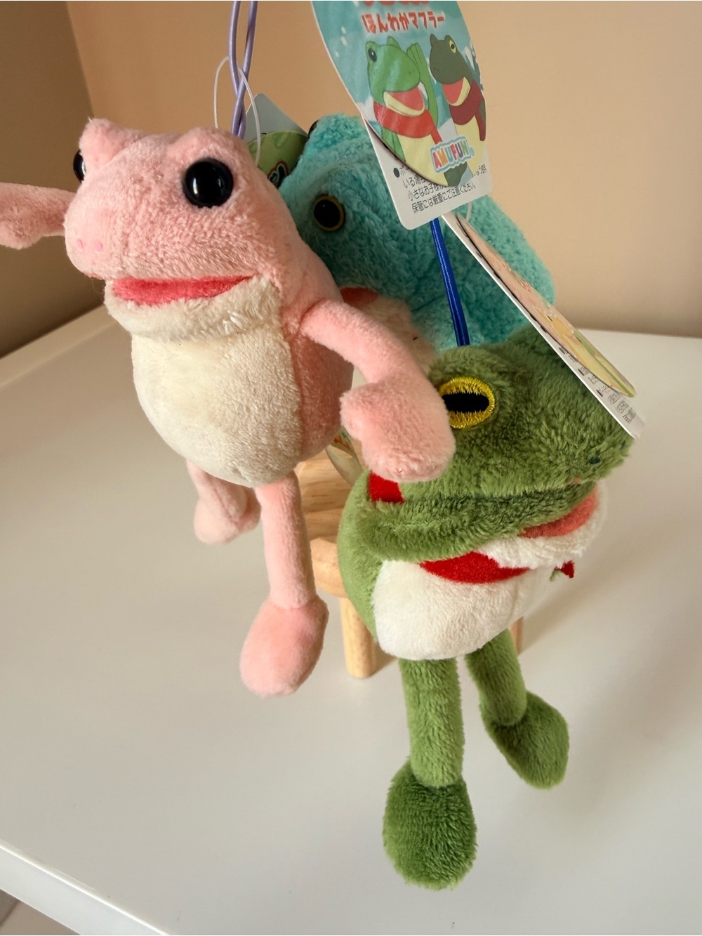 Three Plush Frog hand puppet keychains